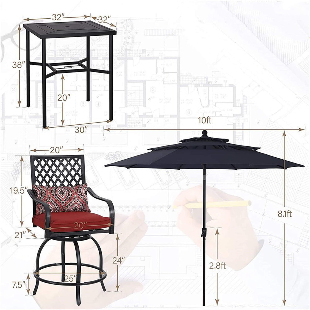 6PCS Outdoor Patio Bar Set Dining Table With Umbrella & Swivel Bar Stools - Umbrella Base NOT included (97053218)