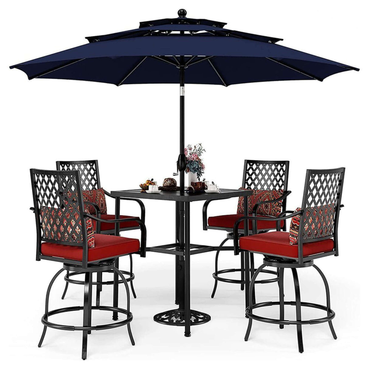 6PCS Outdoor Patio Bar Set Dining Table With Umbrella & Swivel Bar Stools - Umbrella Base NOT included (97053218)
