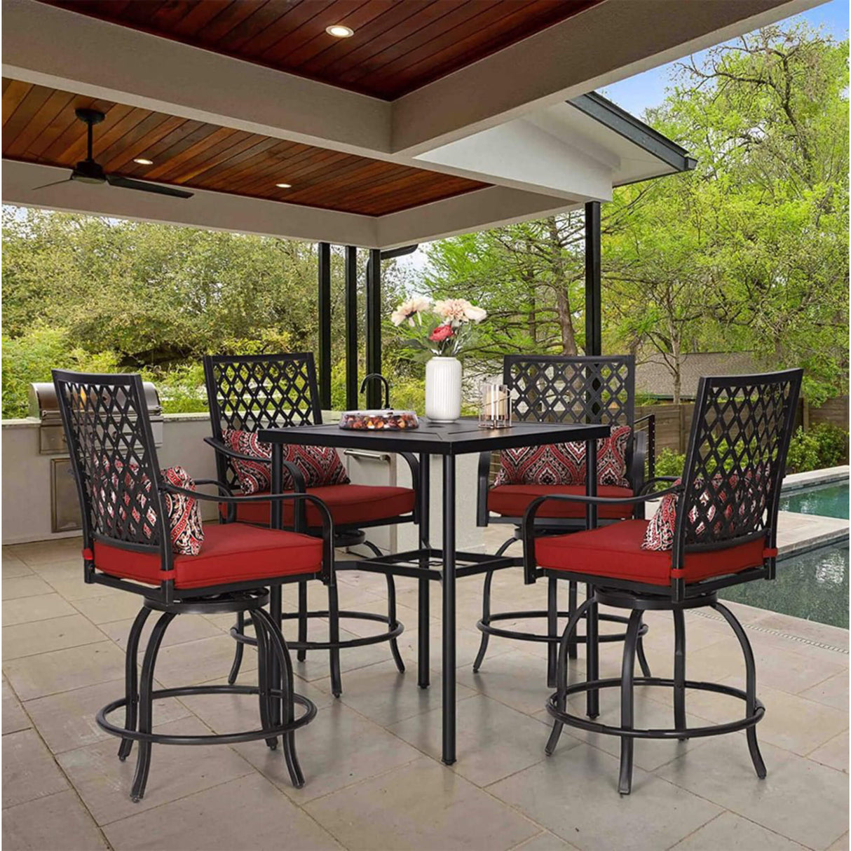6PCS Outdoor Patio Bar Set Dining Table With Umbrella & Swivel Bar Stools - Umbrella Base NOT included (97053218)