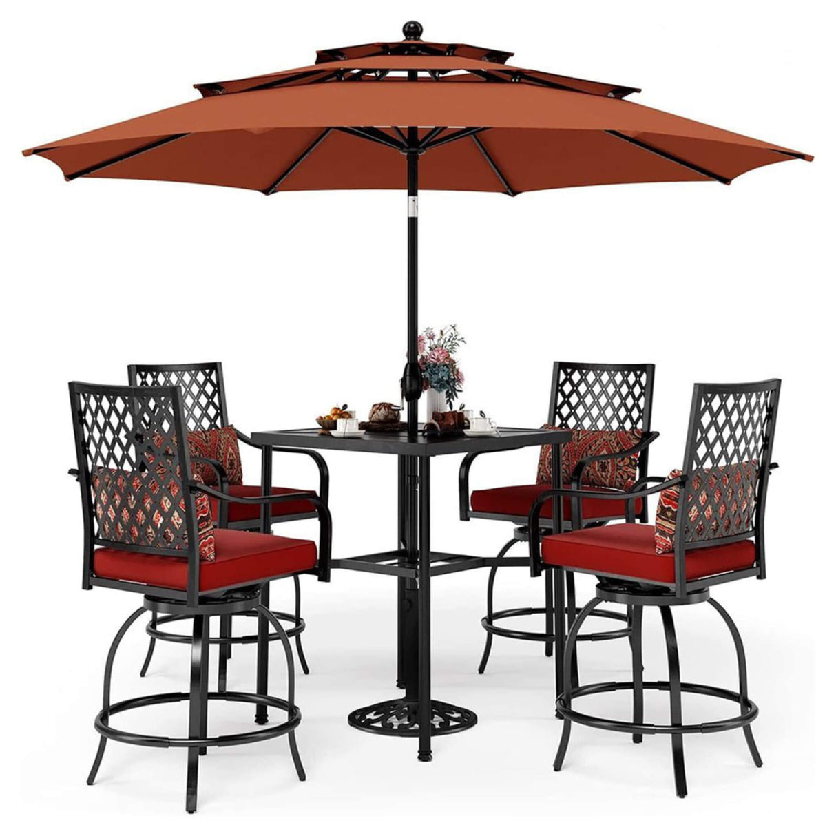 6PCS Outdoor Patio Bar Set Dining Table With Umbrella & Swivel Bar Stools - Umbrella Base NOT included (97053218)