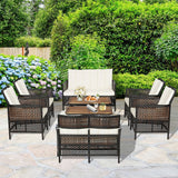 8PCS Outdoor Patio Rattan Furniture Set W/ Cushioned Chairs & Wooden Table Top (91730284)