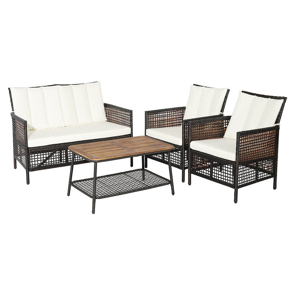 8PCS Outdoor Patio Rattan Furniture Set W/ Cushioned Chairs & Wooden Table Top (91730284)
