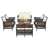 8PCS Outdoor Patio Rattan Furniture Set W/ Cushioned Chairs & Wooden Table Top (91730284)