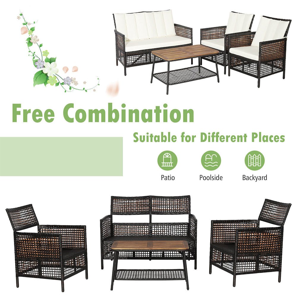 8PCS Outdoor Patio Rattan Furniture Set W/ Cushioned Chairs & Wooden Table Top (91730284)