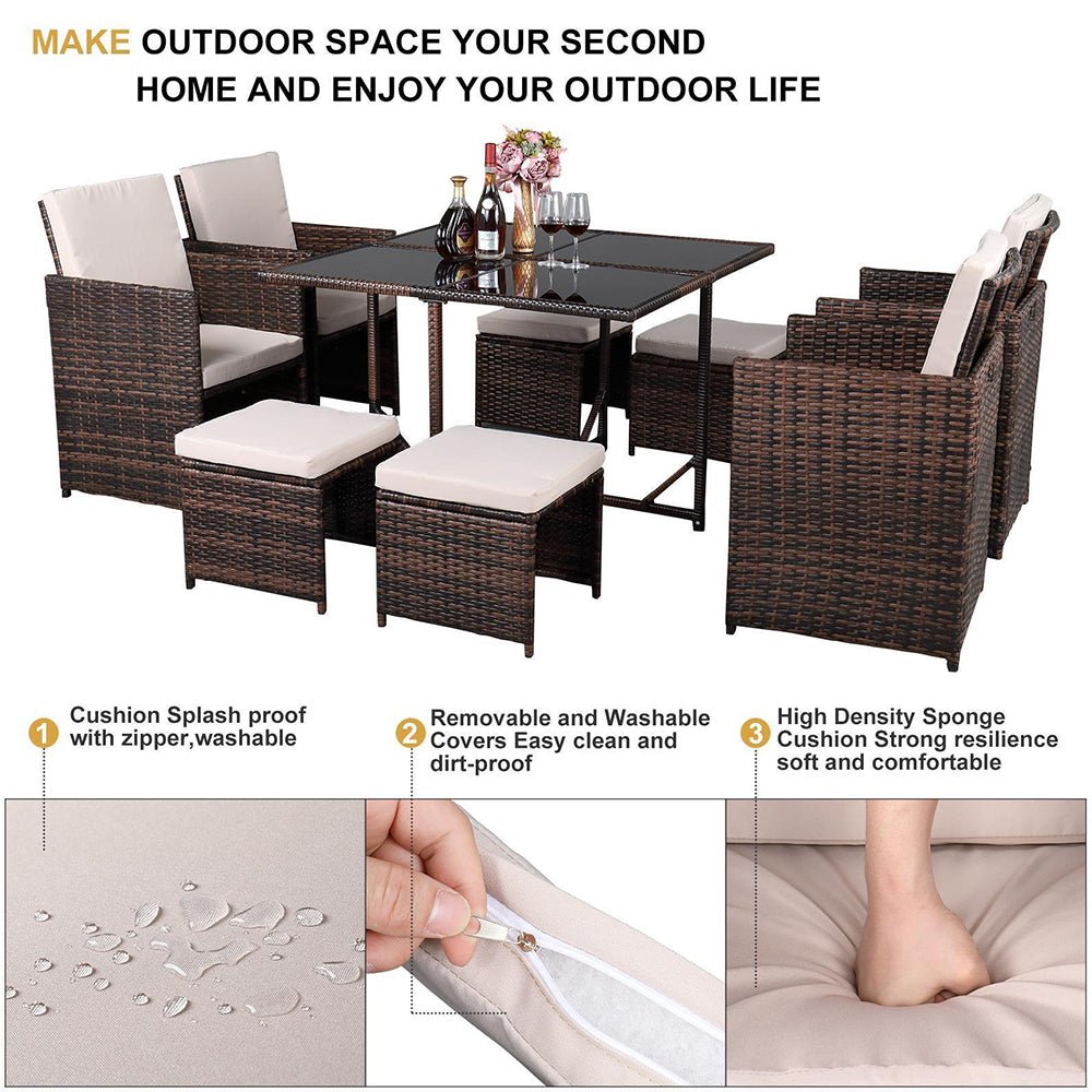 9PCS Outdoor Patio Sectional Wicker Rattan Furniture Set W/ Tempered Glass Table (98457316)