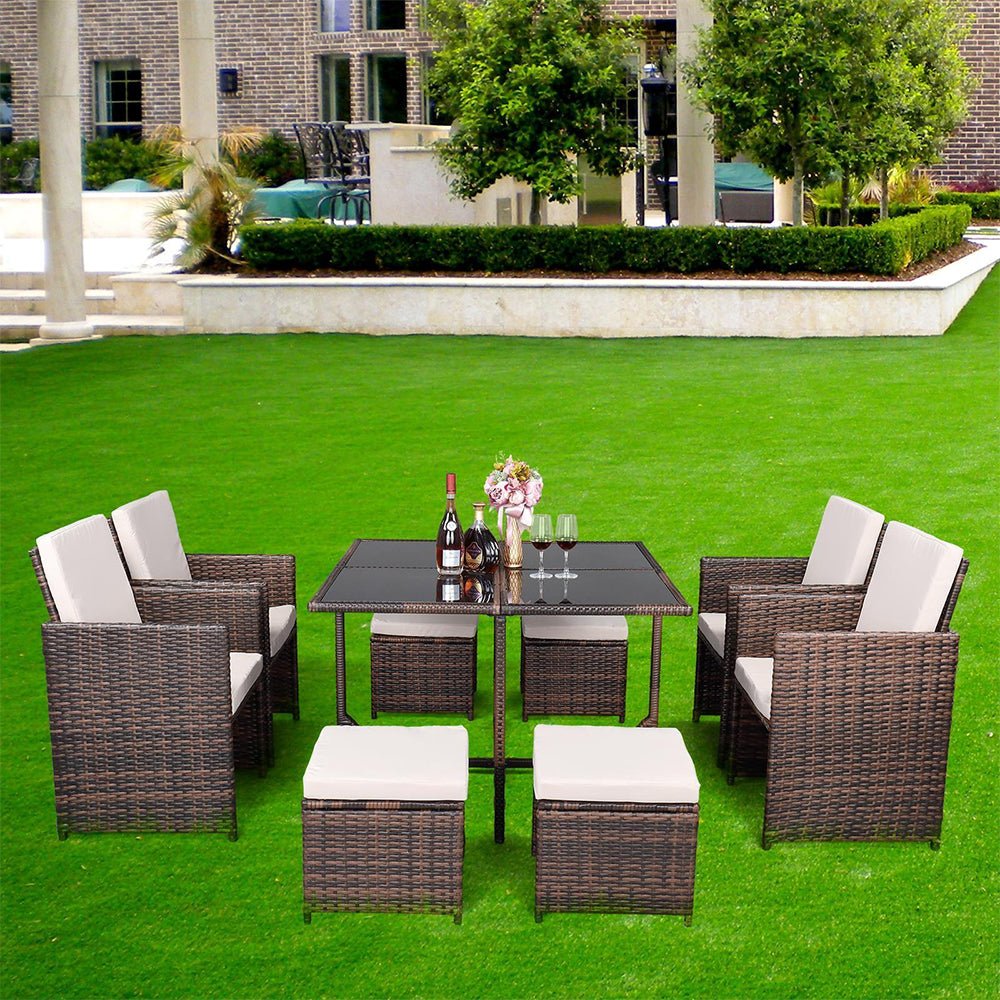 9PCS Outdoor Patio Sectional Wicker Rattan Furniture Set W/ Tempered Glass Table (98457316)