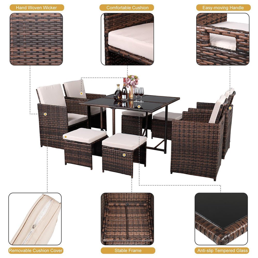 9PCS Outdoor Patio Sectional Wicker Rattan Furniture Set W/ Tempered Glass Table (98457316)