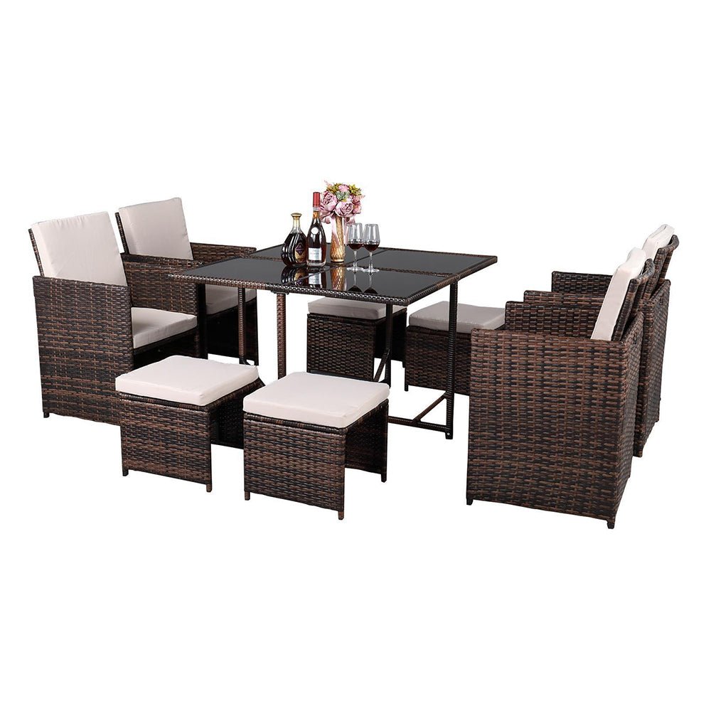 9PCS Outdoor Patio Sectional Wicker Rattan Furniture Set W/ Tempered Glass Table (98457316)
