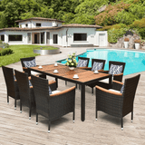 9PCS Patio Rattan Dining Set W/ Stackable Cushioned Chairs & Acacia Wood Table Top