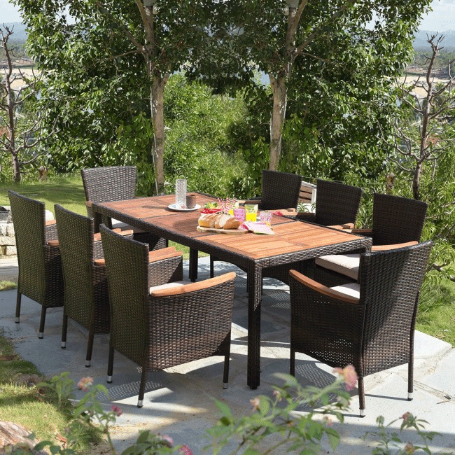 9PCS Patio Rattan Dining Set W/ Stackable Cushioned Chairs & Acacia Wood Table Top