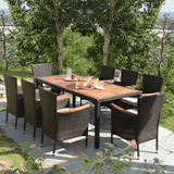 9PCS Patio Rattan Dining Set W/ Stackable Cushioned Chairs & Acacia Wood Table Top
