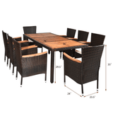 9PCS Patio Rattan Dining Set W/ Stackable Cushioned Chairs & Acacia Wood Table Top