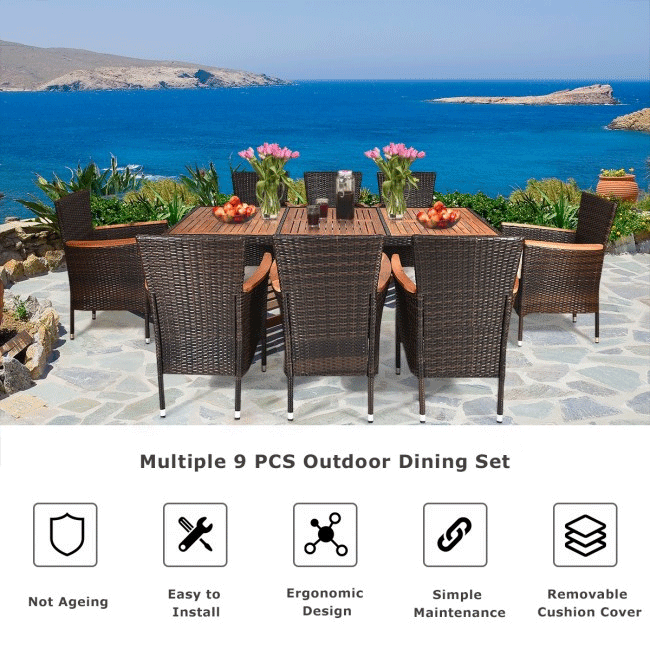 9PCS Patio Rattan Dining Set W/ Stackable Cushioned Chairs & Acacia Wood Table Top