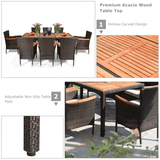 9PCS Patio Rattan Dining Set W/ Stackable Cushioned Chairs & Acacia Wood Table Top