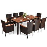 9PCS Patio Rattan Dining Set W/ Stackable Cushioned Chairs & Acacia Wood Table Top