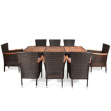 9PCS Patio Rattan Dining Set W/ Stackable Cushioned Chairs & Acacia Wood Table Top