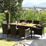 9PCS Patio Rattan Dining Set W/ Stackable Cushioned Chairs & Acacia Wood Table Top