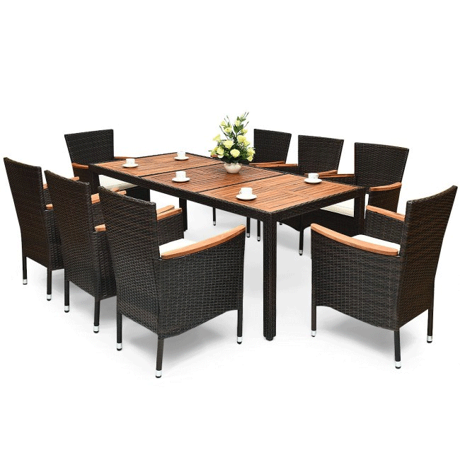 9PCS Patio Rattan Dining Set W/ Stackable Cushioned Chairs & Acacia Wood Table Top