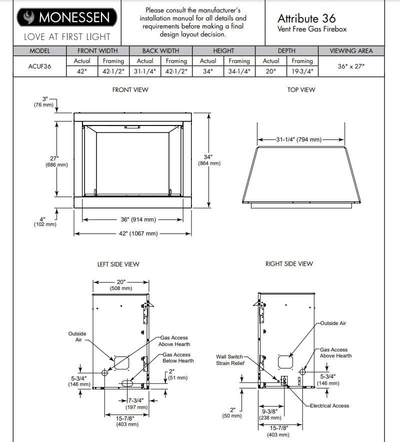 Monessen 36" Attribute Universal Circulating Vent-Free Firebox with Radiant Face and Multitonal Reversible Interior Panels