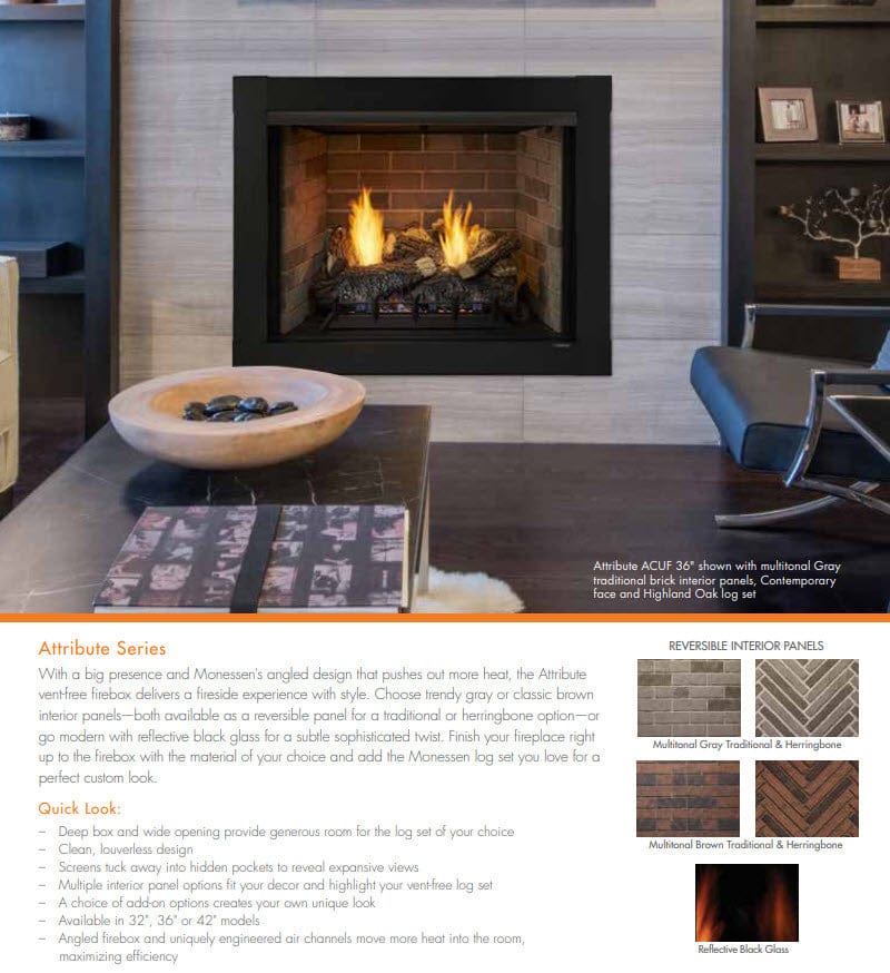 Monessen 42" Attribute Universal Circulating Vent-Free Firebox with Radiant Face and Multitonal Reversible Interior Panels