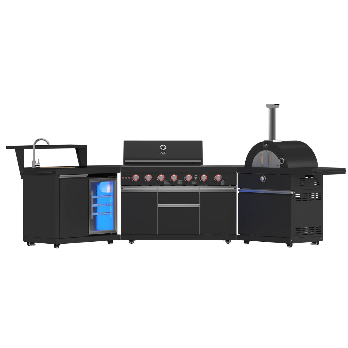 Forno All’Aperto Outdoor Kitchen – 87,600 BTU, 4 Burners, Infrared Burners, Pizza Oven, Black Countertops, Bar & Beverage Center