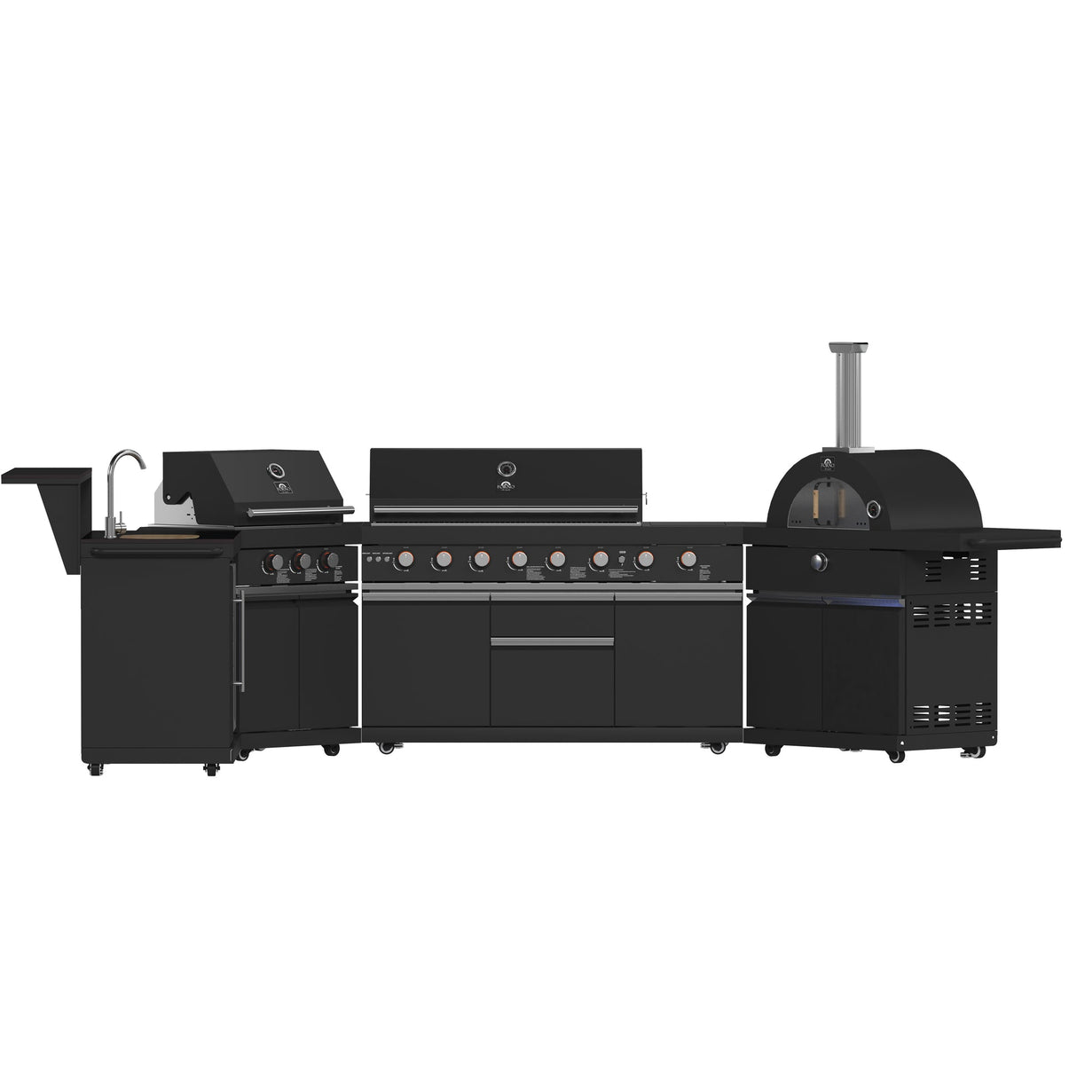 Forno All’Aperto Outdoor Kitchen in Black – 99,600 BTU, 5 Burners, Infrared Burners, Pizza Oven, Sink, Bar & Beverage Center