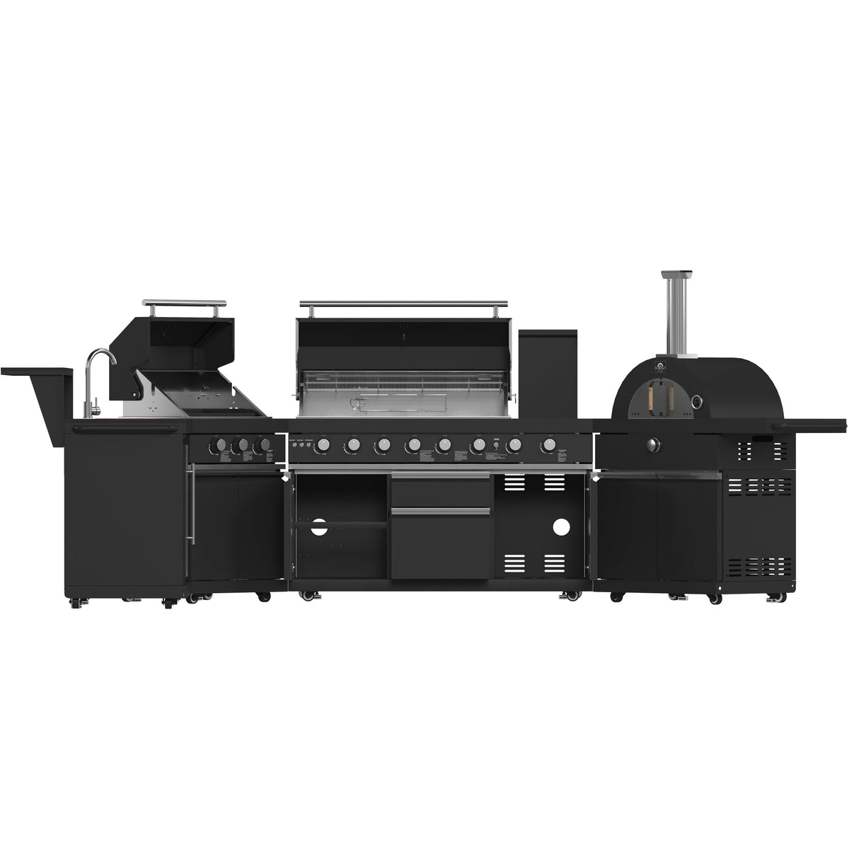 Forno All’Aperto Outdoor Kitchen in Black – 99,600 BTU, 5 Burners, Infrared Burners, Pizza Oven, Sink, Bar & Beverage Center