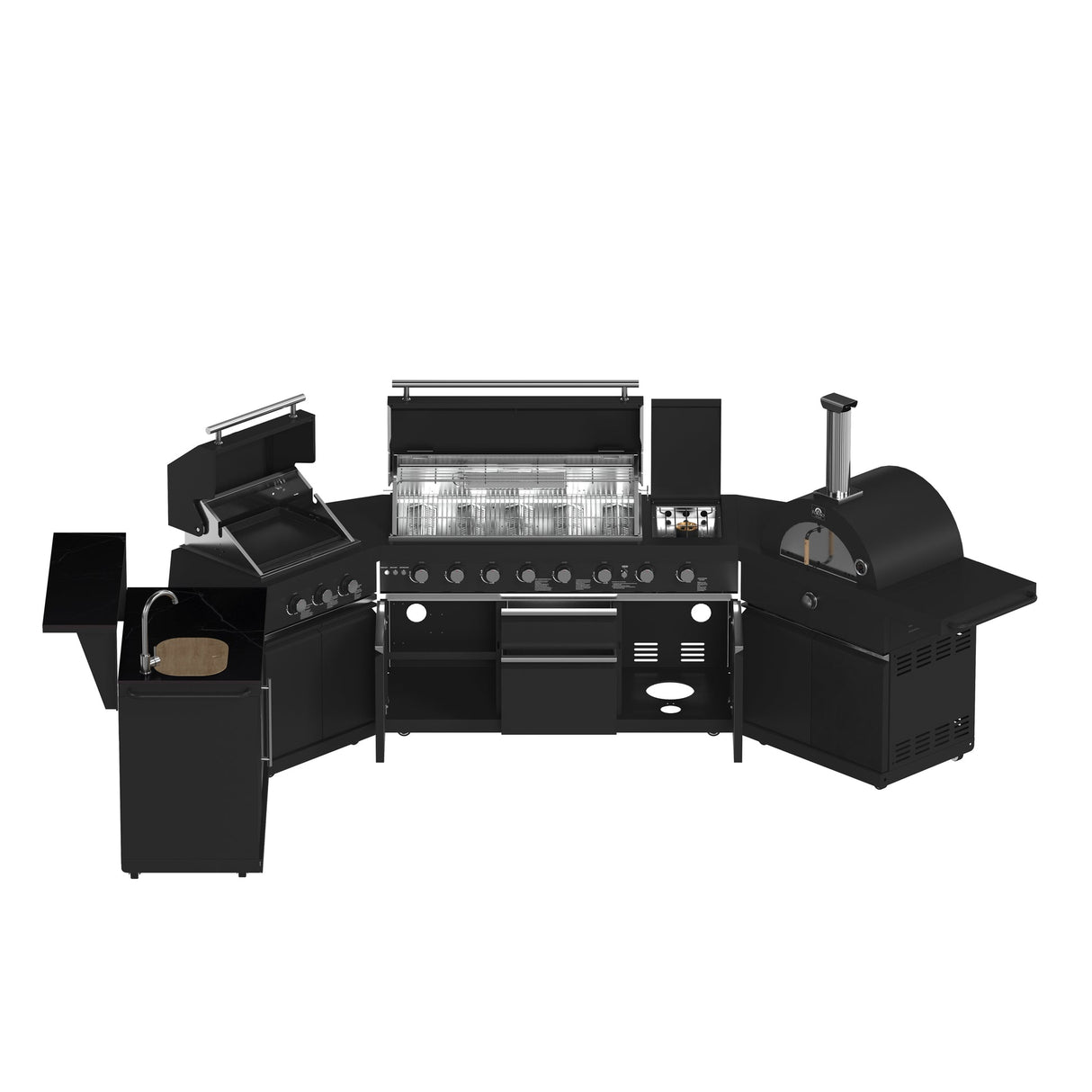 Forno All’Aperto Outdoor Kitchen in Black – 99,600 BTU, 5 Burners, Infrared Burners, Pizza Oven, Sink, Bar & Beverage Center