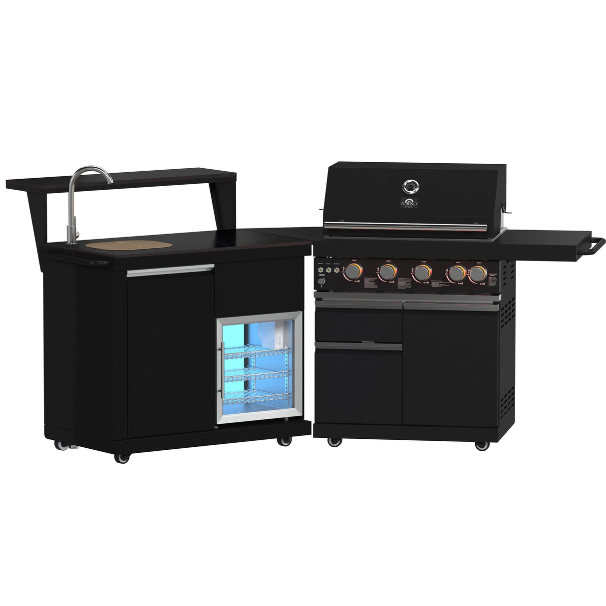 Forno All’Aperto Outdoor Kitchen – 62,600 BTU, 3 Burners, Infrared Burners, Black Countertops, Bar & Beverage Center