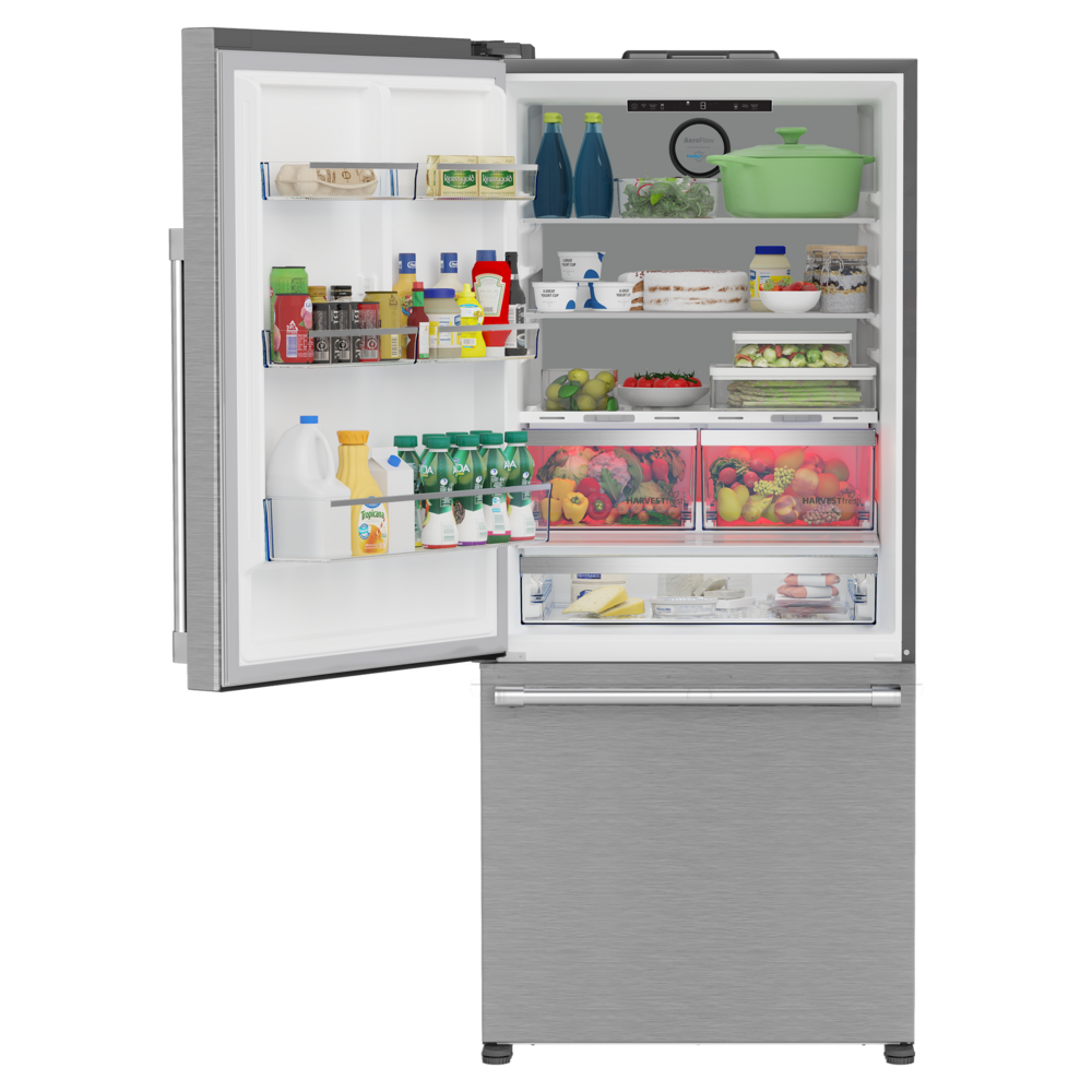 Beko 30" Counter Depth Bottom Freezer Refrigerator with 16.11 cu. ft. Capacity, FreshGuard, LED Theater Lighting, Ice Maker, Energy Star in Stainless Steel