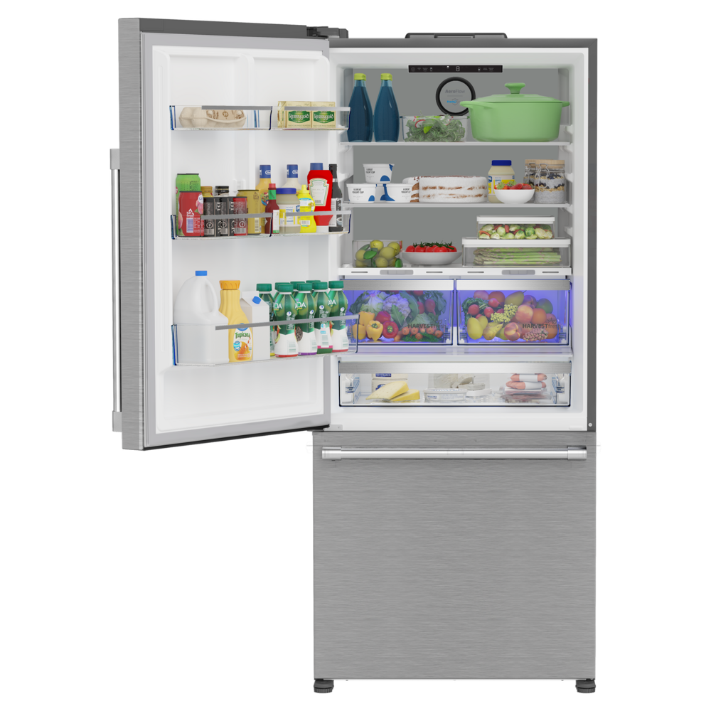 Beko 30" Counter Depth Bottom Freezer Refrigerator with 16.11 cu. ft. Capacity, FreshGuard, LED Theater Lighting, Ice Maker, Energy Star in Stainless Steel