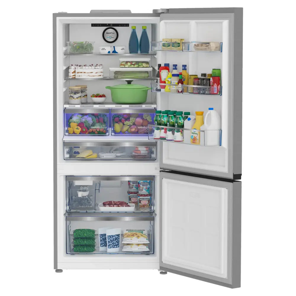 Beko 30" Counter-Depth Bottom Freezer Refrigerator with 16.07 cu. ft. Capacity, HarvestFresh, AeroFlow, Ice Maker in Stainless Steel