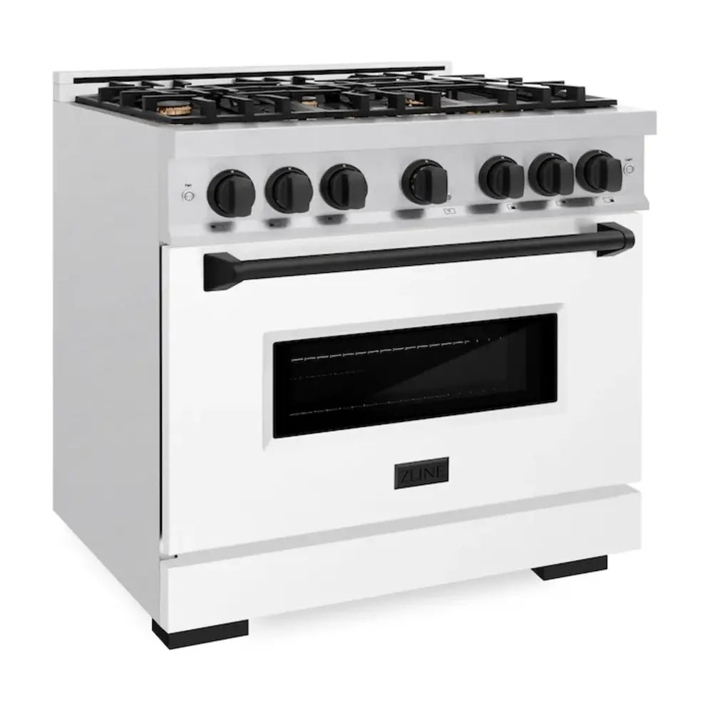ZLINE 36" Autograph Edition Classic Series Dual Fuel Range with 6 Burners, 5.2 cu. ft. Oven Capacity, Convection Cooking and Auto-Reignition in White Matte.