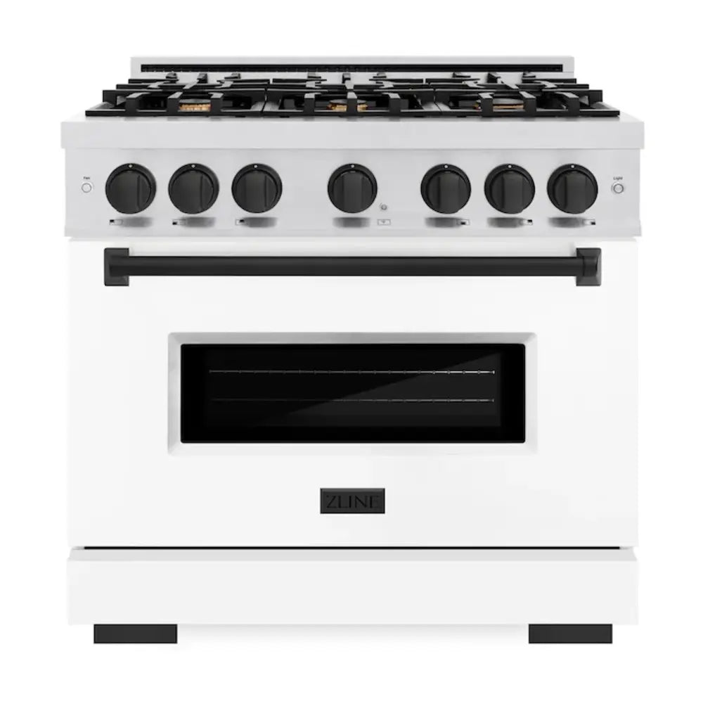 ZLINE 36" Autograph Edition Classic Series Dual Fuel Range with 6 Burners, 5.2 cu. ft. Oven Capacity, Convection Cooking and Auto-Reignition in White Matte.