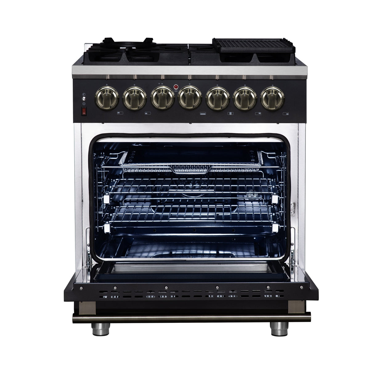 Forno Massimo Freestanding Dual Fuel Range with Antique Brass Accessories, Convection Oven