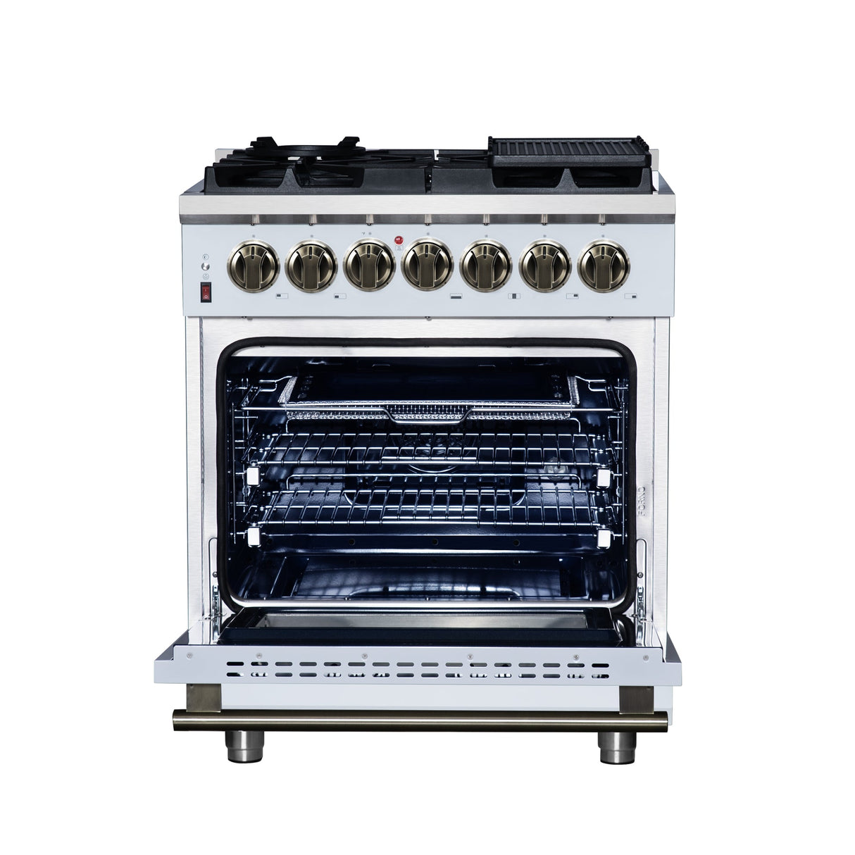 Forno Massimo Freestanding Dual Fuel Range with Antique Brass Accessories, Convection Oven