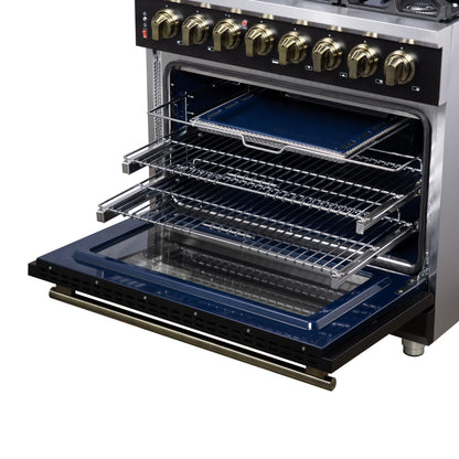Forno Massimo Freestanding Dual Fuel Range with Antique Brass Accessories, Convection Oven