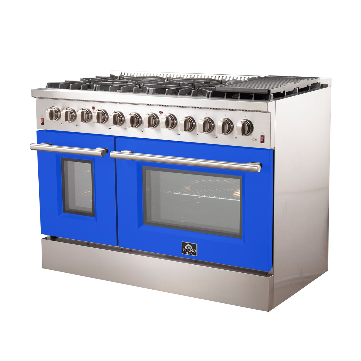 Forno Galiano 48-Inch Freestanding Dual Fuel Range, Double Convection Ovens, Blue Doors