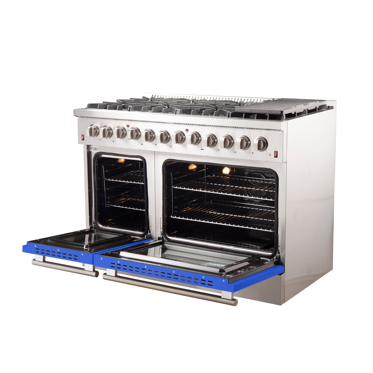 Forno Galiano 48-Inch Freestanding Dual Fuel Range, Double Convection Ovens, Blue Doors