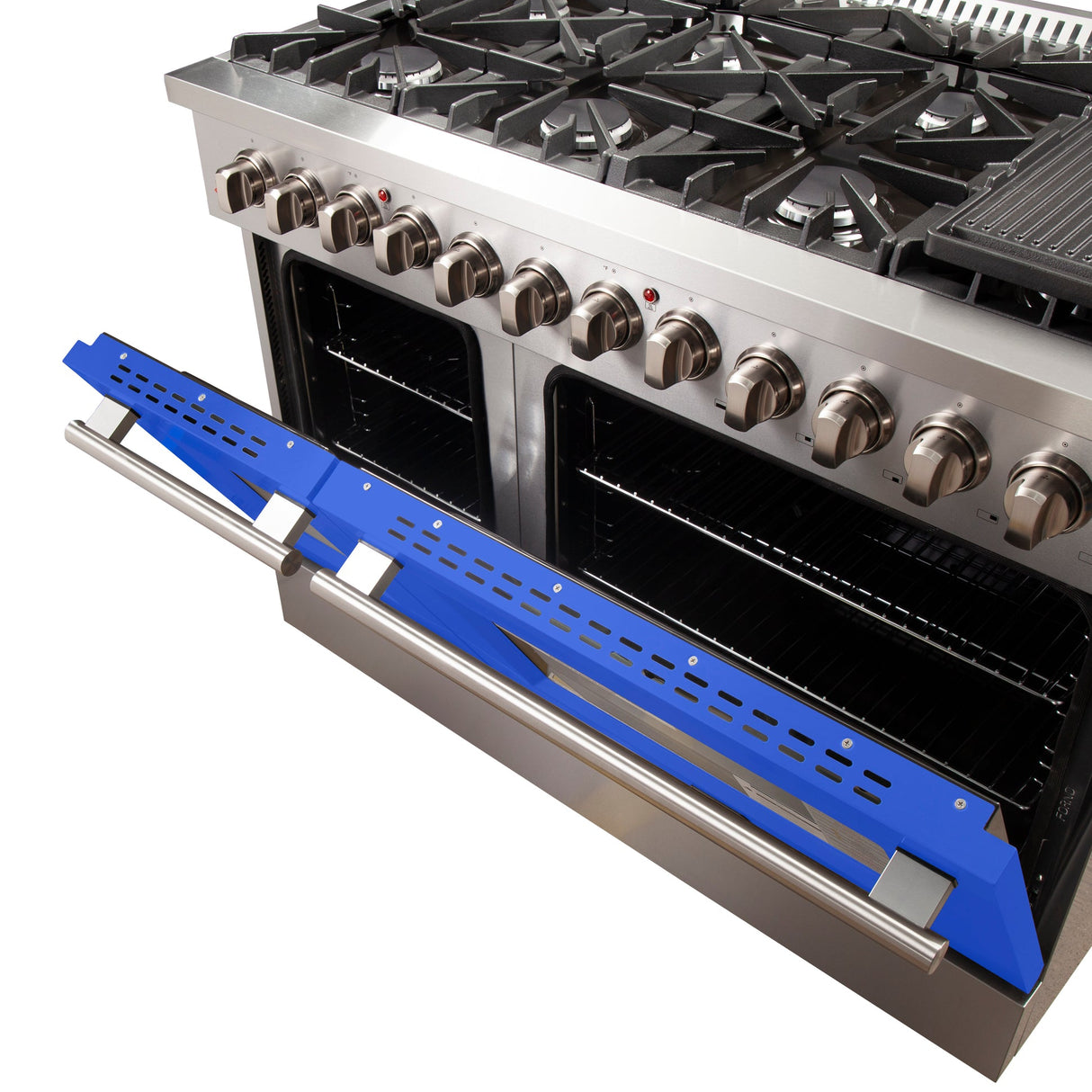 Forno Galiano 48-Inch Freestanding Dual Fuel Range, Double Convection Ovens, Blue Doors