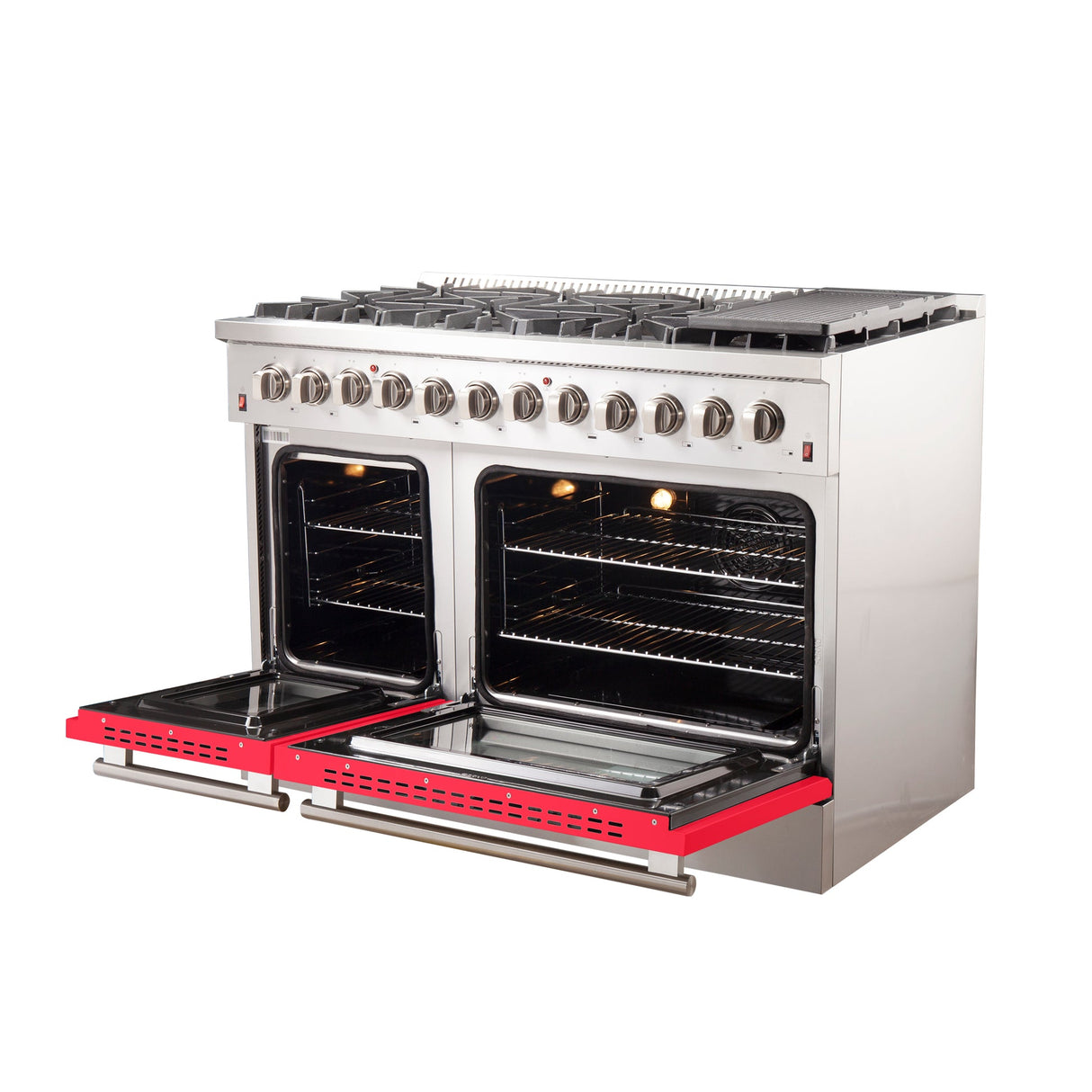 Forno Galiano 48-Inch Freestanding Dual Fuel Range, Double Convection Ovens, Red Doors