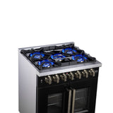 Forno Capriasca Freestanding French Door Dual Fuel Range with Antique Brass Accessories, True Convection Oven