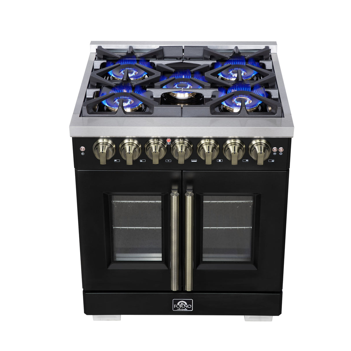 Forno Capriasca Freestanding French Door Dual Fuel Range with Antique Brass Accessories, True Convection Oven