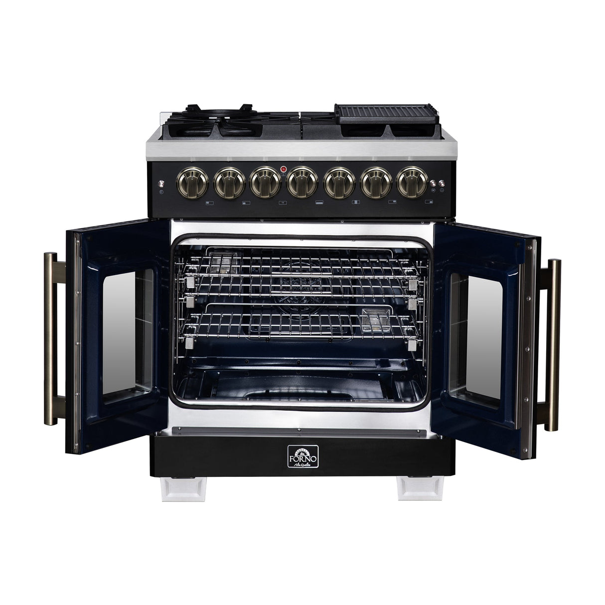Forno Capriasca Freestanding French Door Dual Fuel Range with Antique Brass Accessories, True Convection Oven