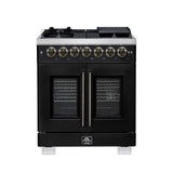 Forno Capriasca Freestanding French Door Dual Fuel Range with Antique Brass Accessories, True Convection Oven
