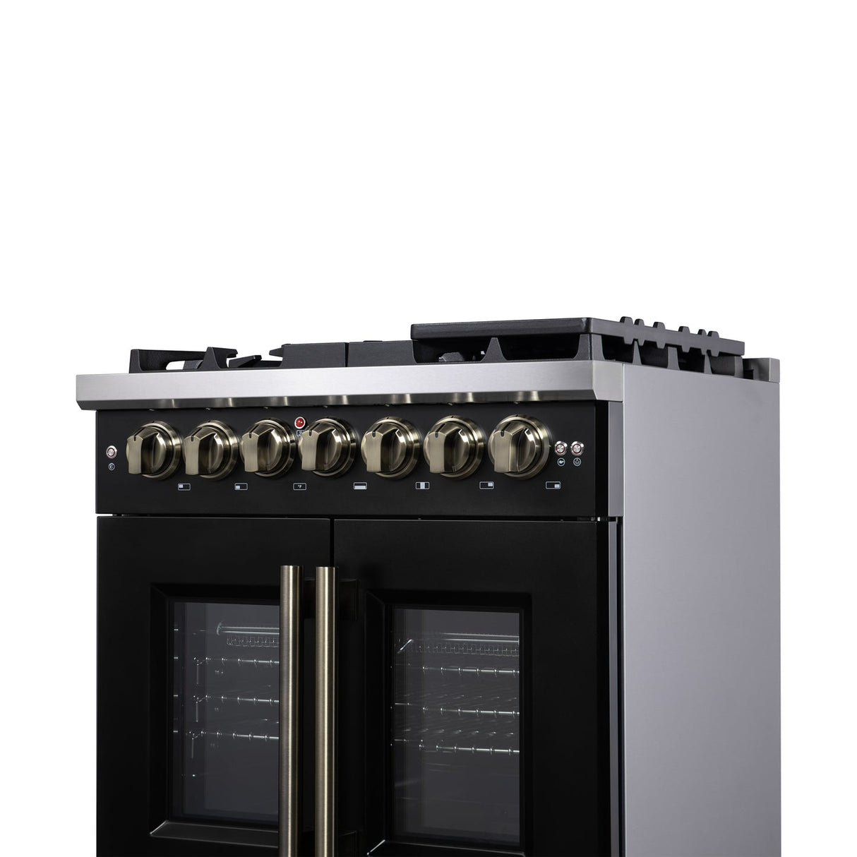 Forno Capriasca Freestanding French Door Dual Fuel Range with Antique Brass Accessories, True Convection Oven