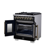 Forno Capriasca Freestanding French Door Dual Fuel Range with Antique Brass Accessories, True Convection Oven
