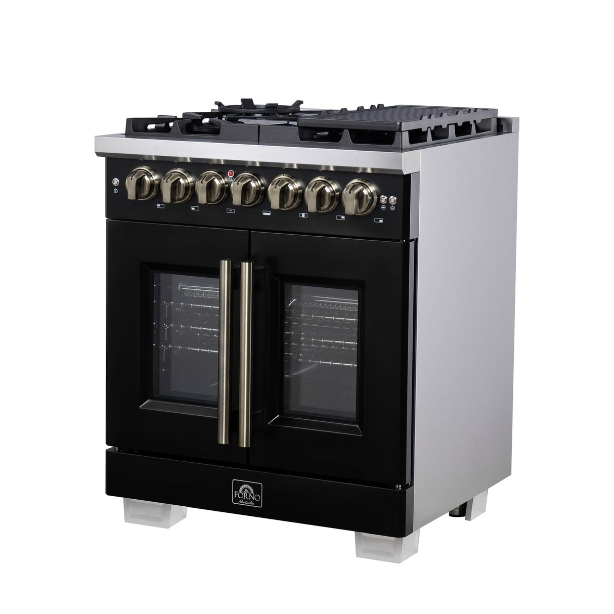Forno Capriasca Freestanding French Door Dual Fuel Range with Antique Brass Accessories, True Convection Oven