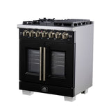 Forno Capriasca Freestanding French Door Dual Fuel Range with Antique Brass Accessories, True Convection Oven