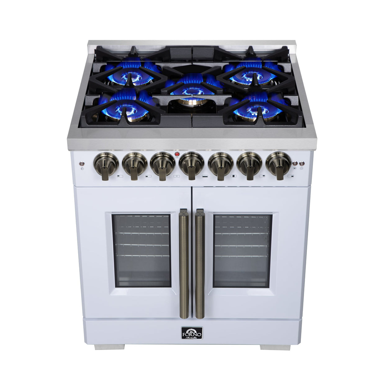Forno Capriasca Freestanding French Door Dual Fuel Range with Antique Brass Accessories, True Convection Oven
